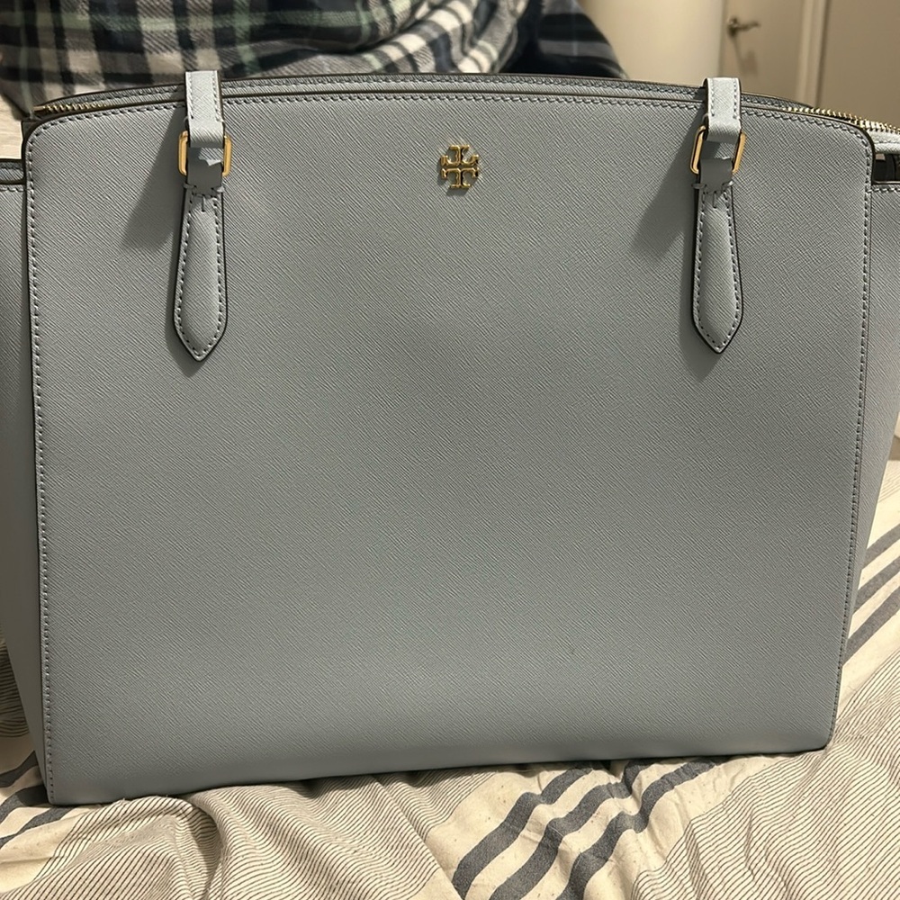 Tory Burch Emerson Top Zip Tote Blue Cloud